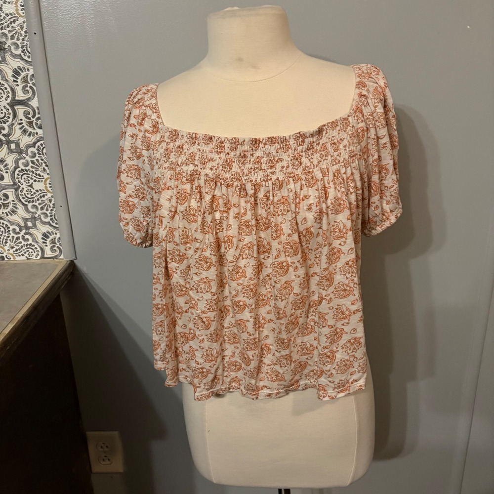 Lucky Brand Pink Floral Square Neck Smocked Short‎ Sleeve Crop Top (Women Large)